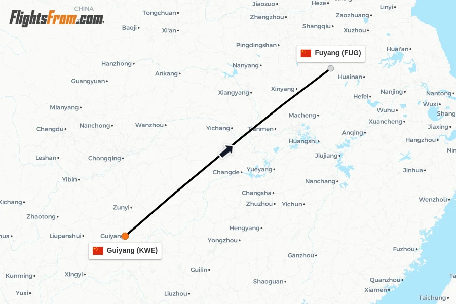 Flights from Guiyang to Fuyang route map