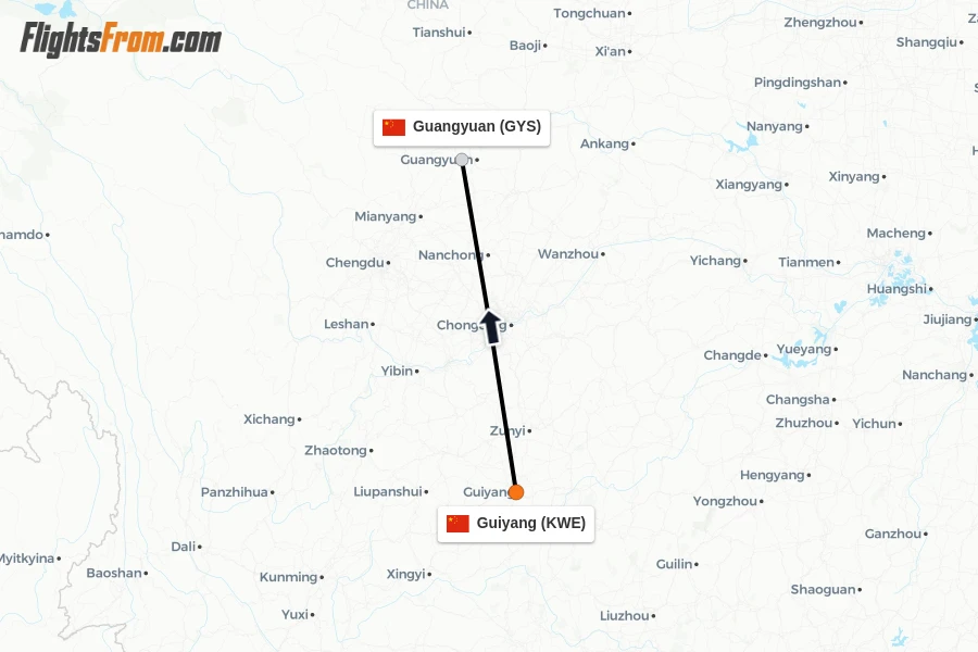 Flights from Guiyang to Guangyuan route map