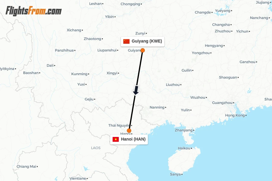 Flights from Guiyang to Hanoi route map