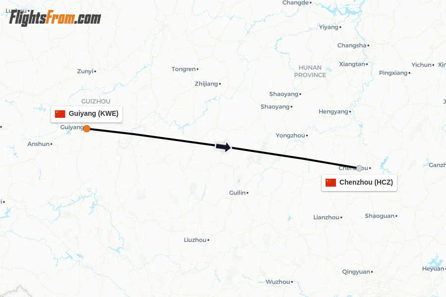Flights from Guiyang to Chenzhou route map