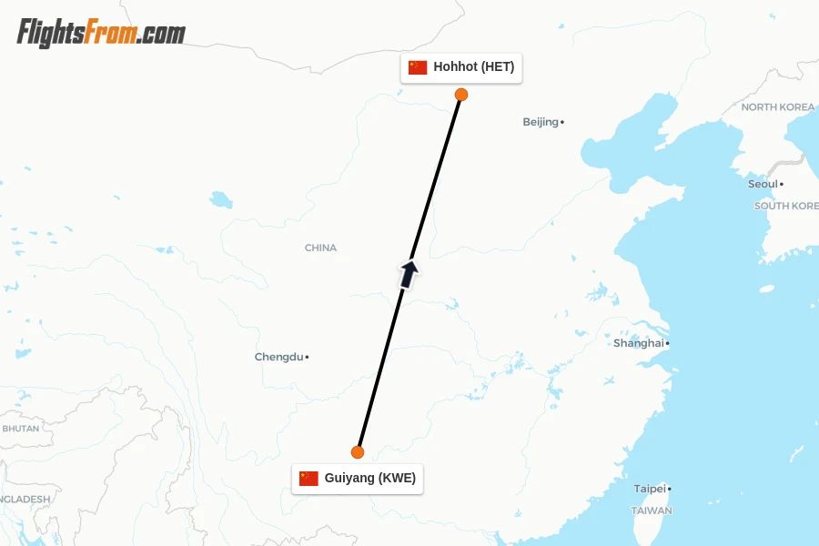 Flights from Guiyang to Hohhot route map
