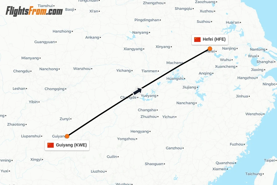 Flights from Guiyang to Hefei route map