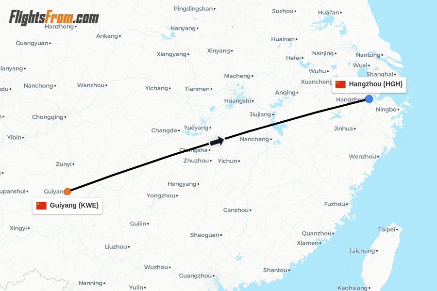 Flights from Guiyang to Hangzhou route map