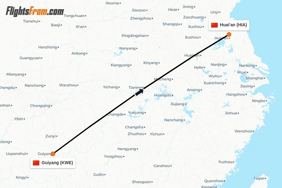 Flights from Guiyang to Huai'an route map