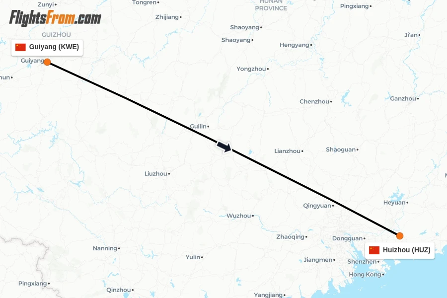 Flights from Guiyang to Huizhou route map