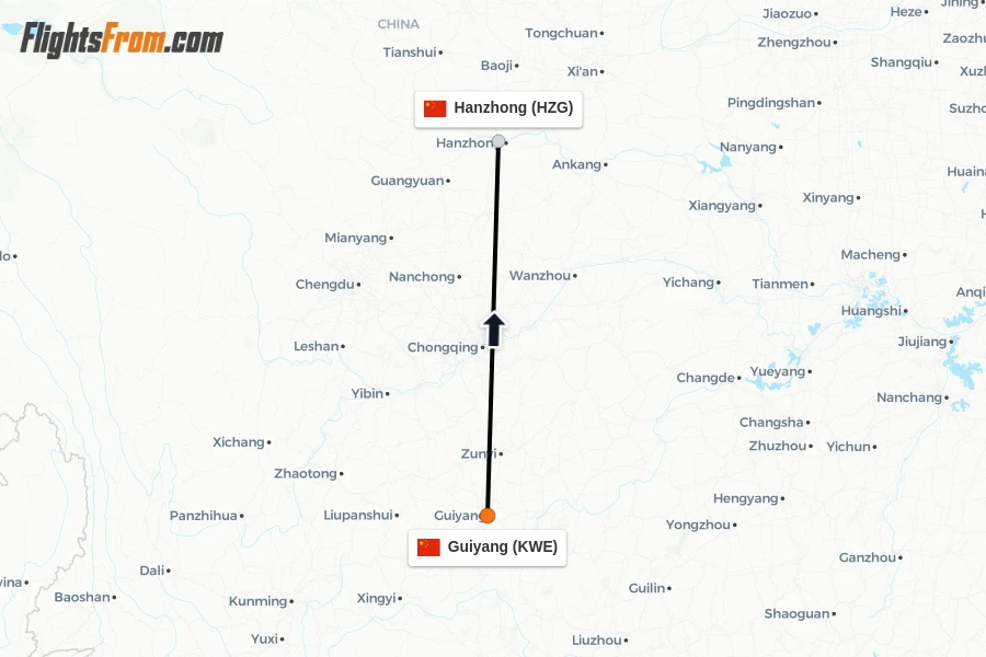 Flights from Guiyang to Hanzhong route map