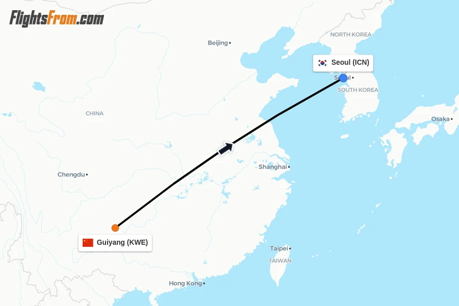 Flights from Guiyang to Seoul route map