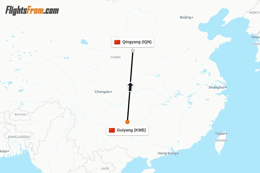 Flights from Guiyang to Qingyang route map