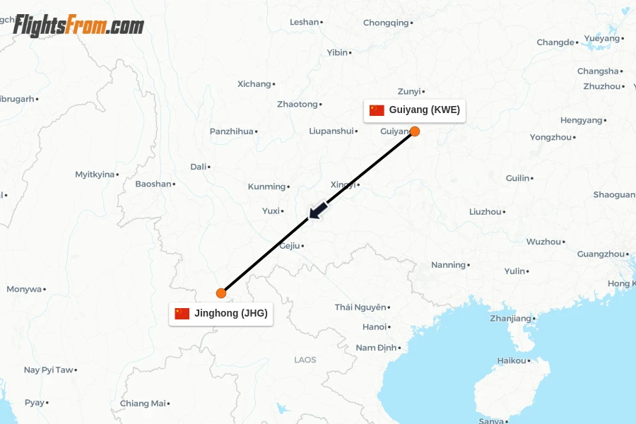 Flights from Guiyang to Jinghong route map