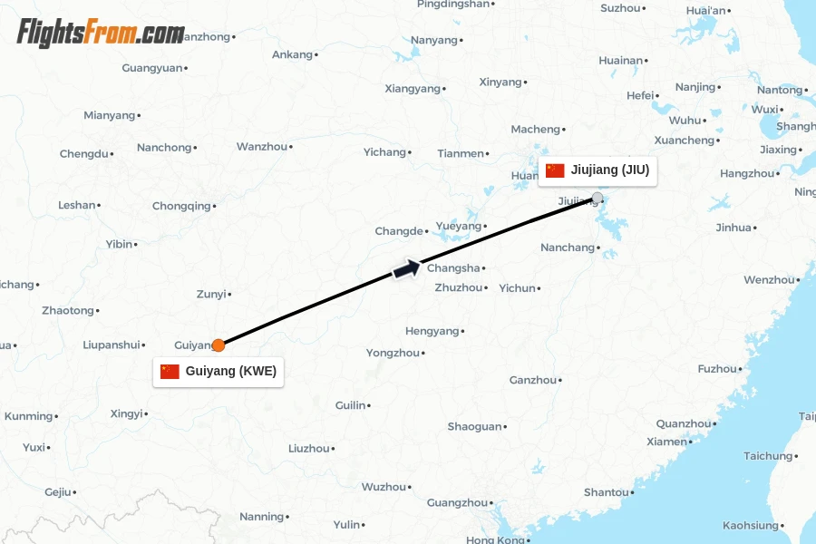 Flights from Guiyang to Jiujiang route map