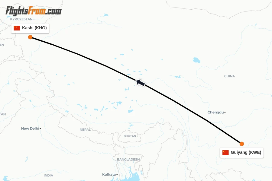 Flights from Guiyang to Kashi route map