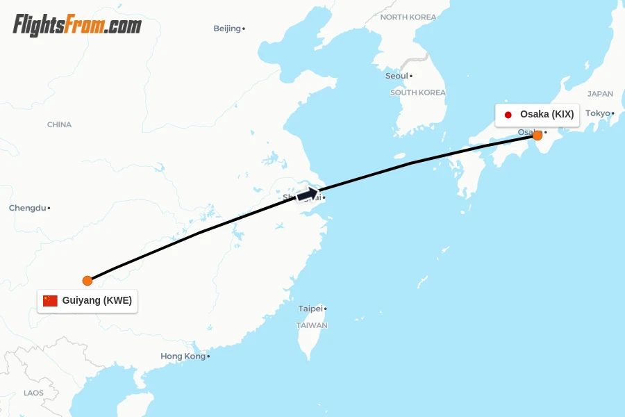 Flights from Guiyang to Osaka route map
