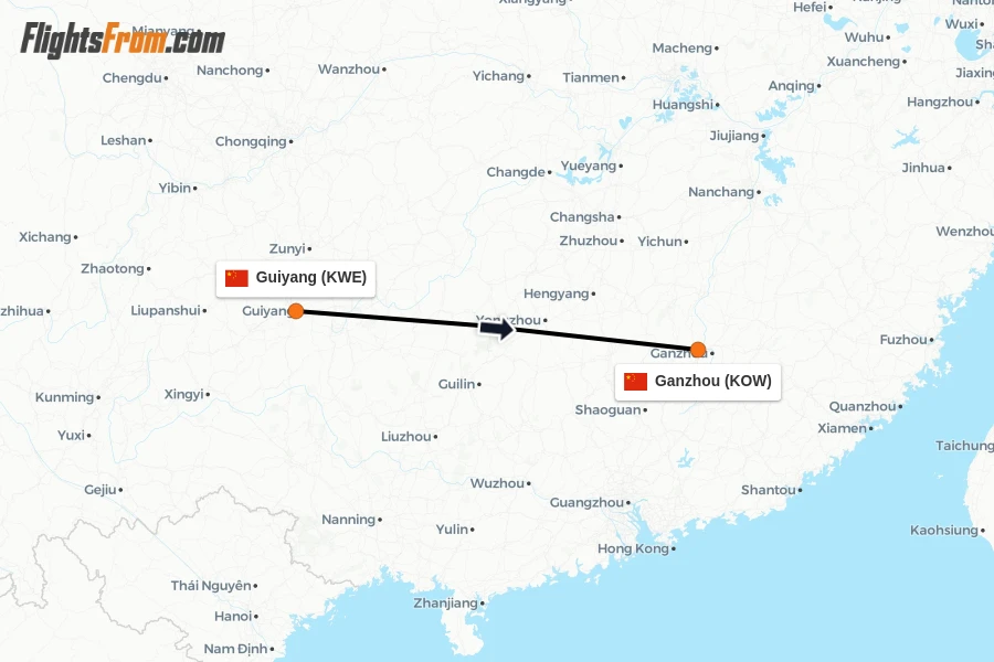 Flights from Guiyang to Ganzhou route map