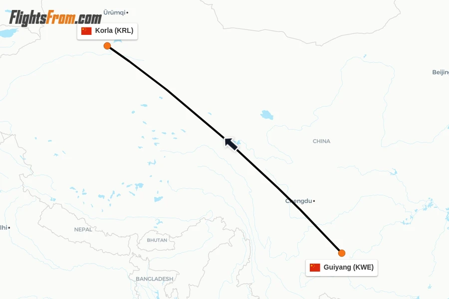 Flights from Guiyang to Korla route map