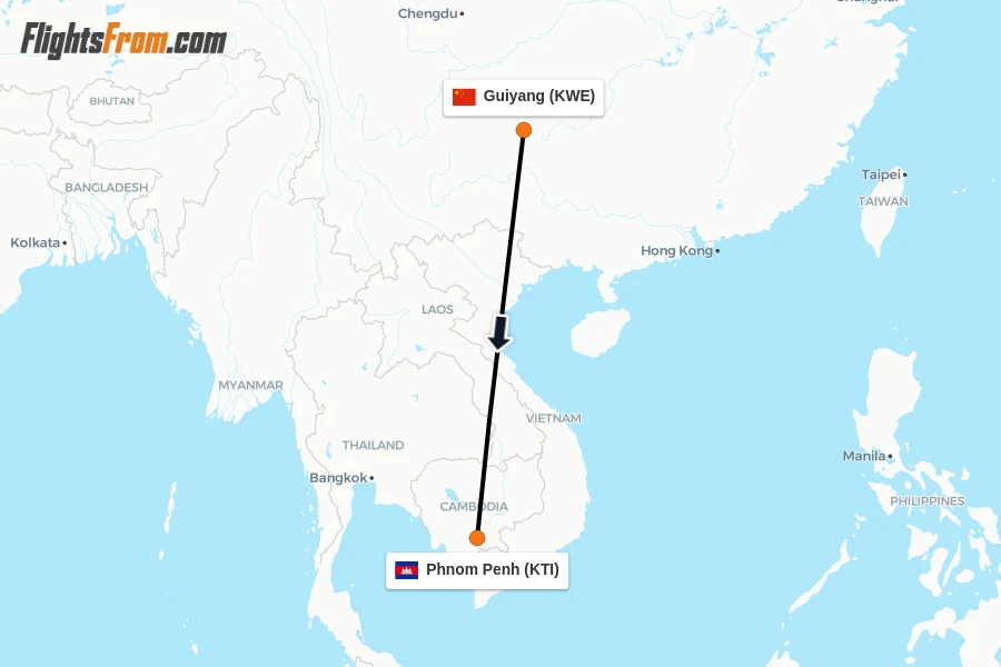 Flights from Guiyang to Phnom Penh route map