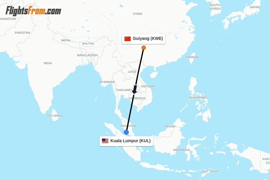 Flights from Guiyang to Kuala Lumpur route map