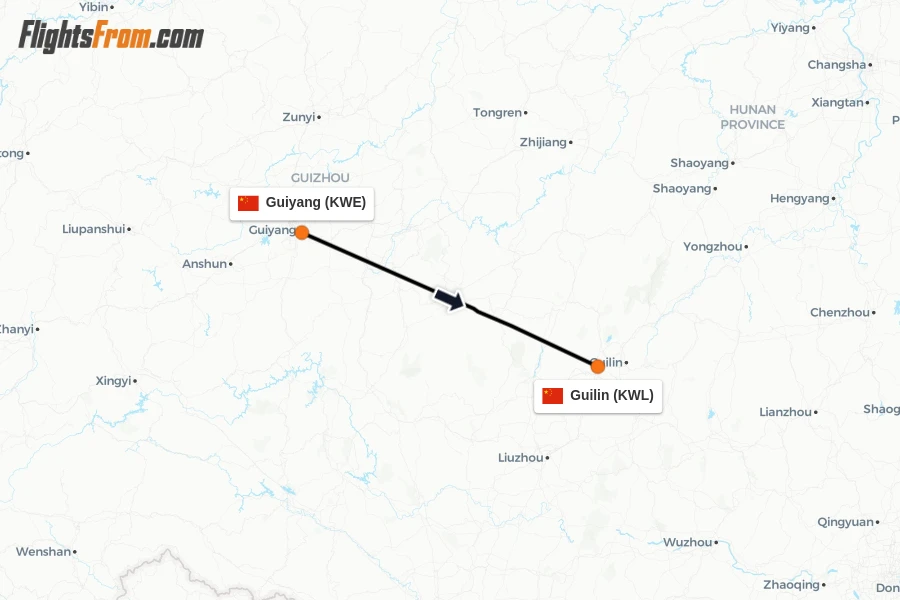 Flights from Guiyang to Guilin route map