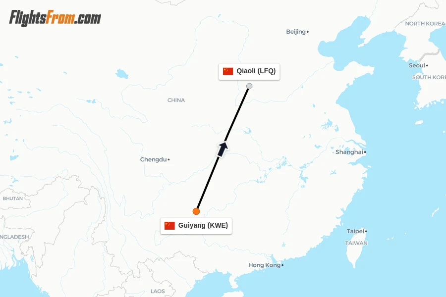 Flights from Guiyang to Qiaoli route map