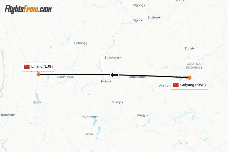 Flights from Guiyang to Lijiang route map