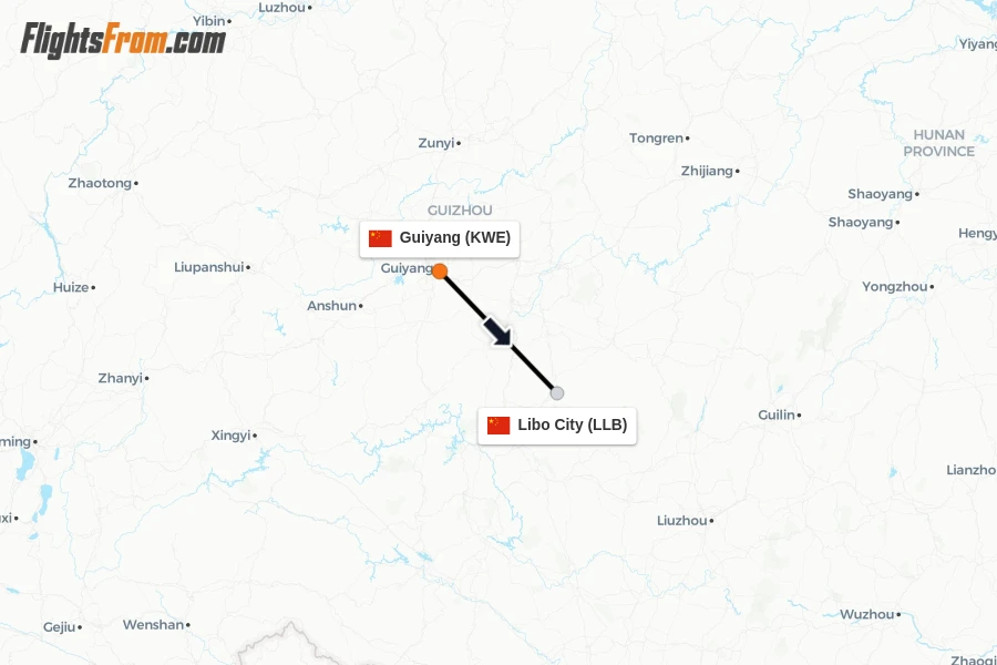 Flights from Guiyang to Libo City route map