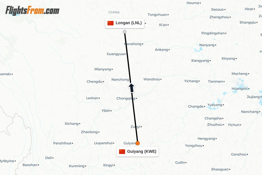 Flights from Guiyang to Longan route map