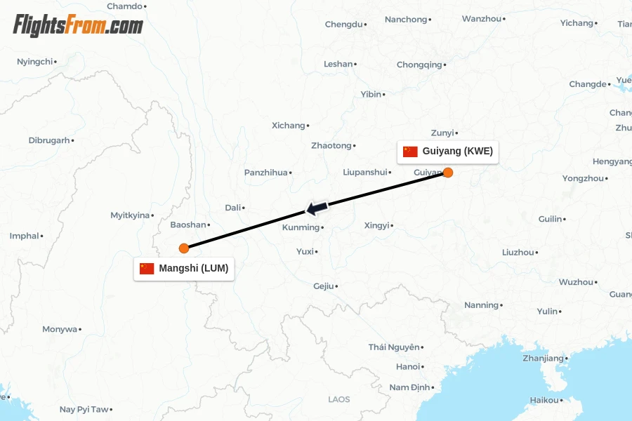 Flights from Guiyang to Mangshi route map