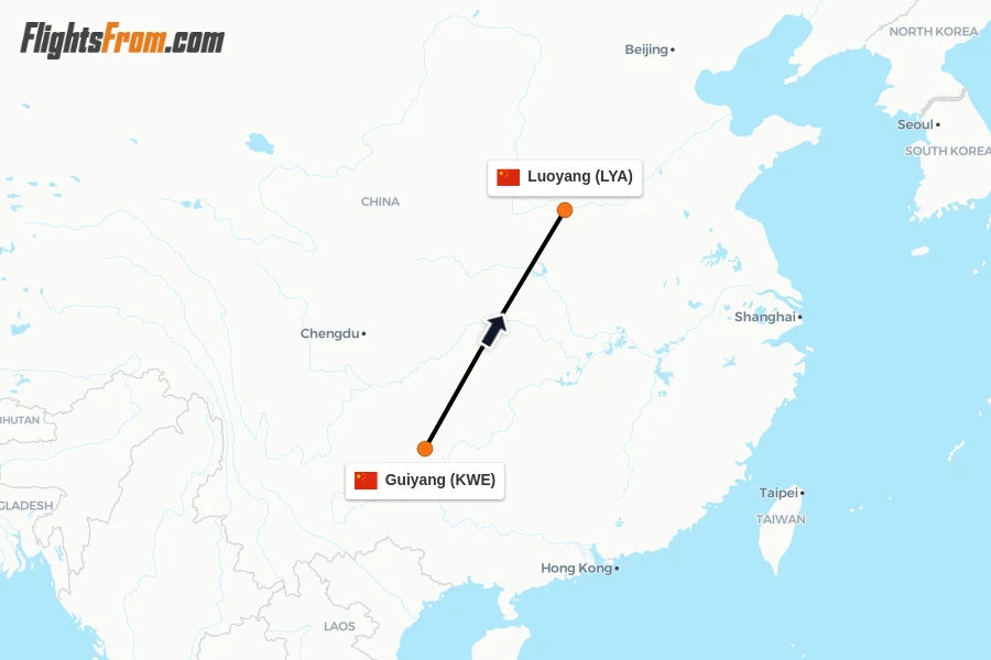 Flights from Guiyang to Luoyang route map