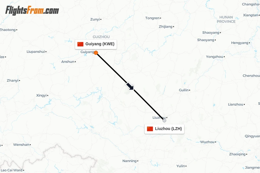 Flights from Guiyang to Liuzhou route map