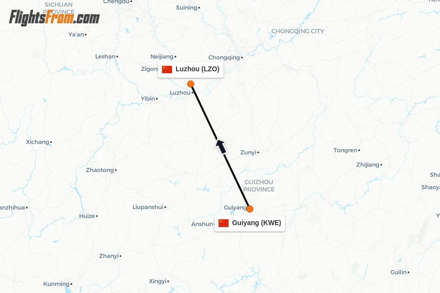 Flights from Guiyang to Luzhou route map