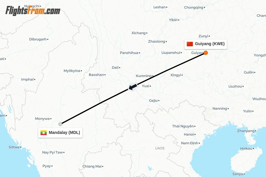 Flights from Guiyang to Mandalay route map