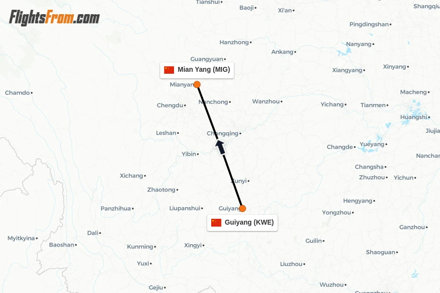 Flights from Guiyang to Mian Yang route map