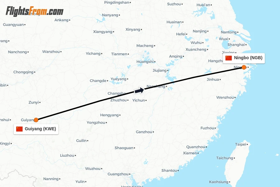 Flights from Guiyang to Ningbo route map