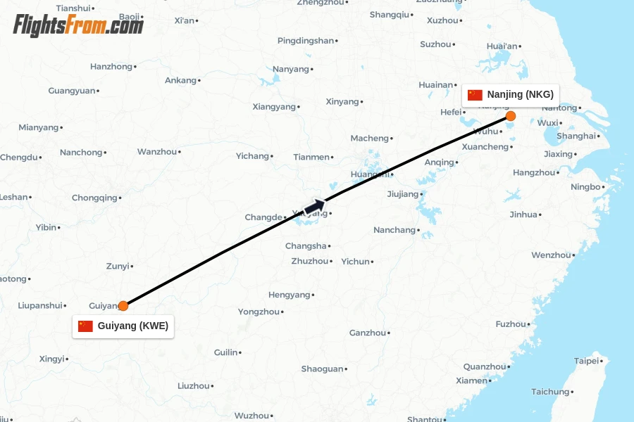 Flights from Guiyang to Nanjing route map