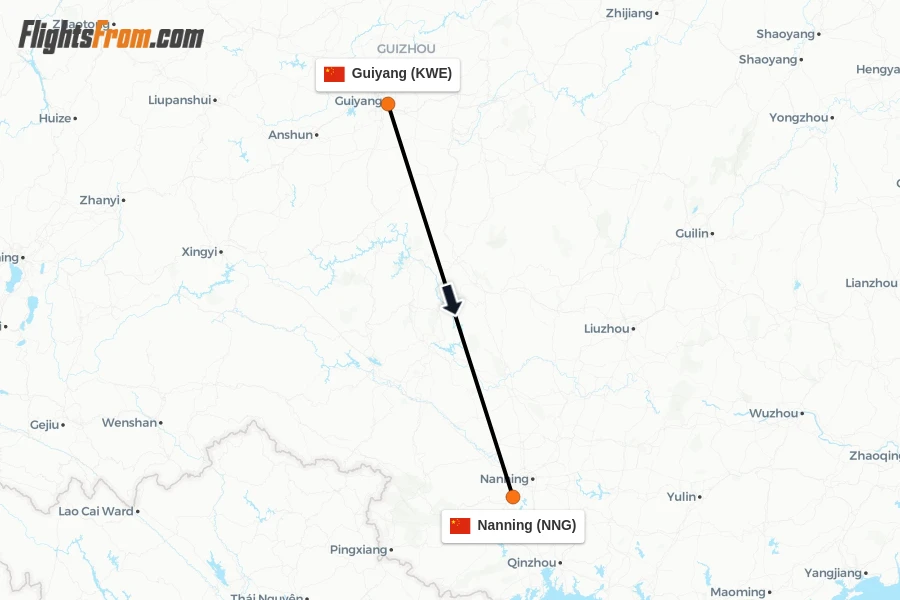 Flights from Guiyang to Nanning route map