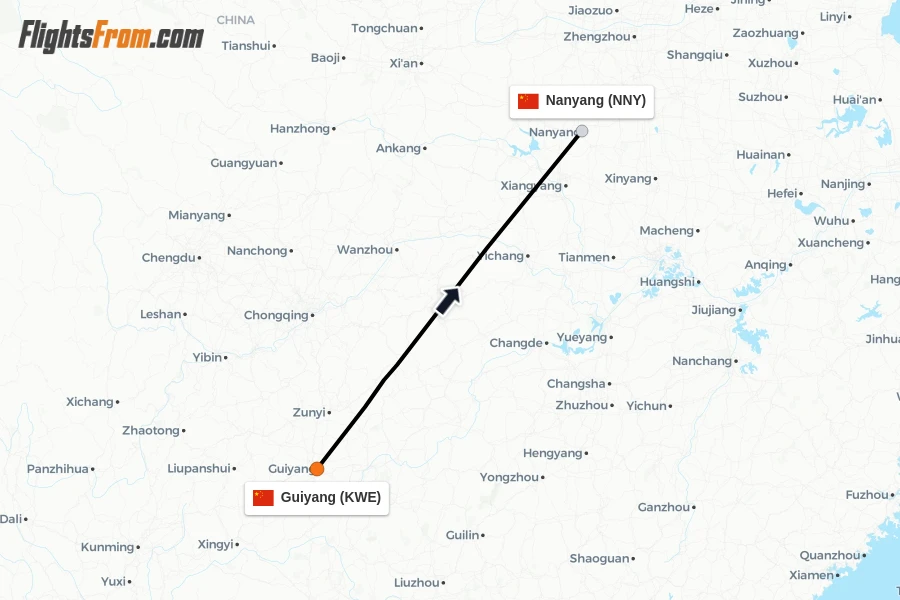Flights from Guiyang to Nanyang route map