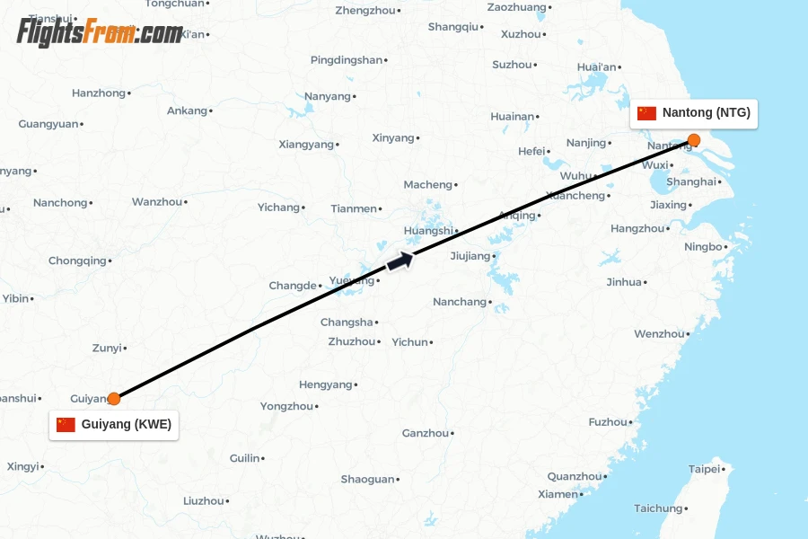 Flights from Guiyang to Nantong route map