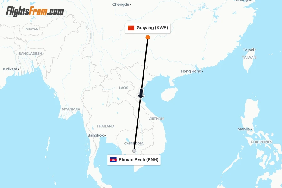 Flights from Guiyang to Phnom Penh route map