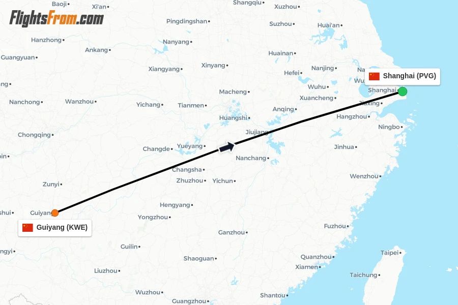 Flights from Guiyang to Shanghai route map