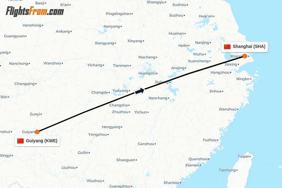 Flights from Guiyang to Shanghai route map