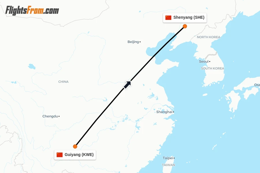 Flights from Guiyang to Shenyang route map