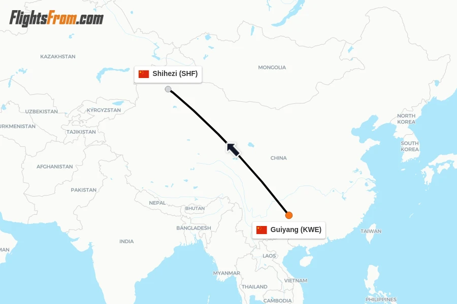 Flights from Guiyang to Shihezi route map