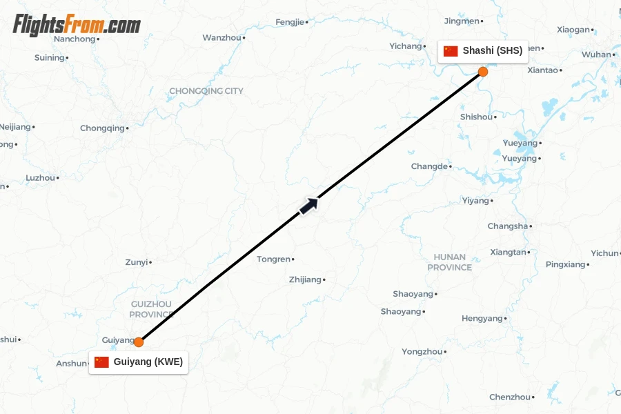 Flights from Guiyang to Shashi route map