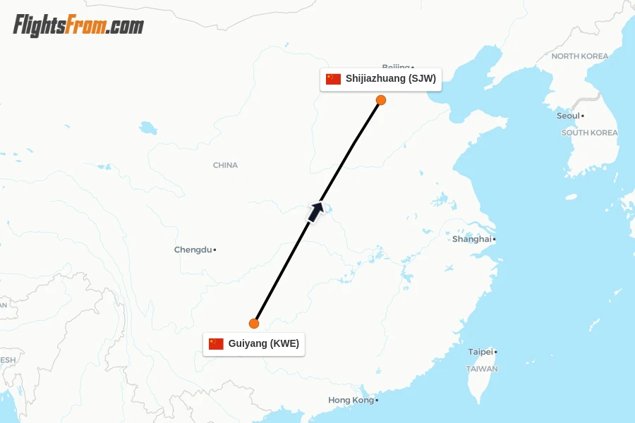Flights from Guiyang to Shijiazhuang route map