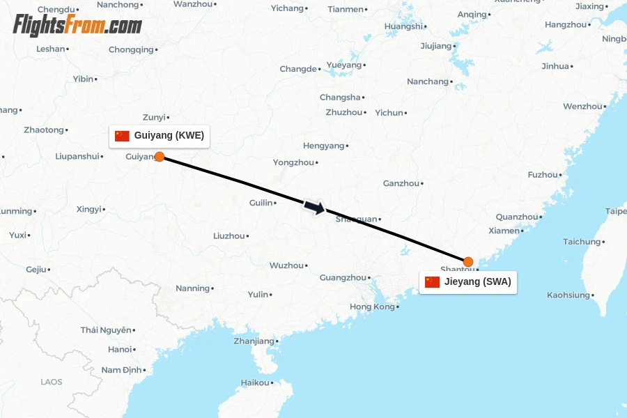 Flights from Guiyang to Jieyang route map
