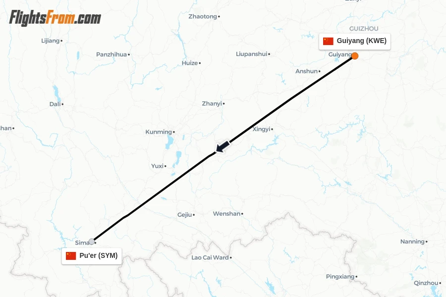 Flights from Guiyang to Pu'er route map