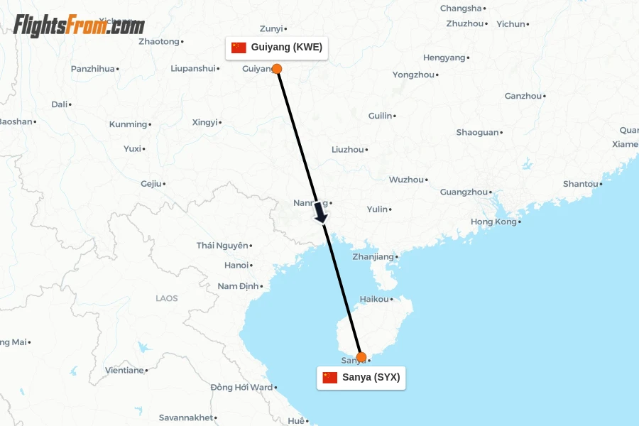 Flights from Guiyang to Sanya route map