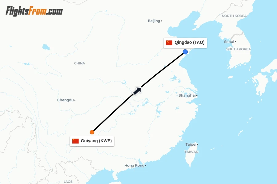 Flights from Guiyang to Qingdao route map