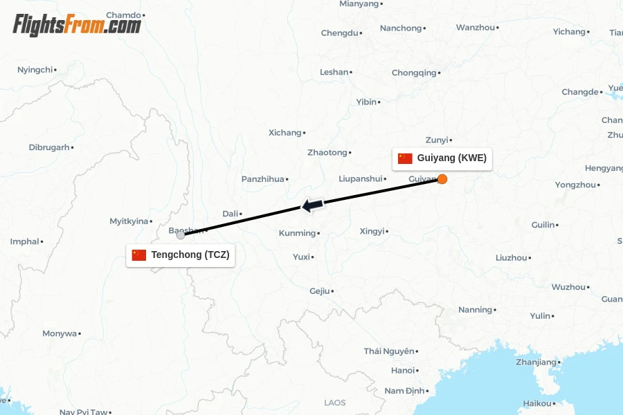 Flights from Guiyang to Tengchong route map