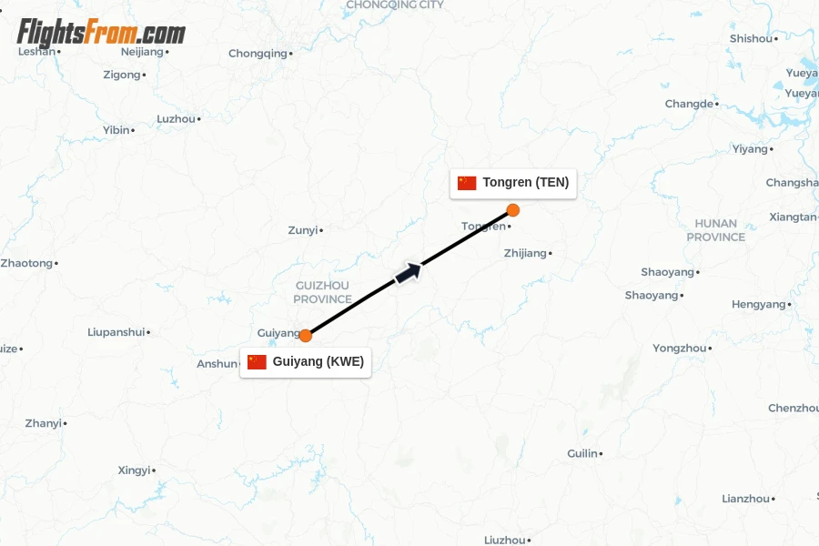 Flights from Guiyang to Tongren route map