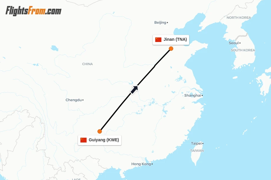Flights from Guiyang to Jinan route map